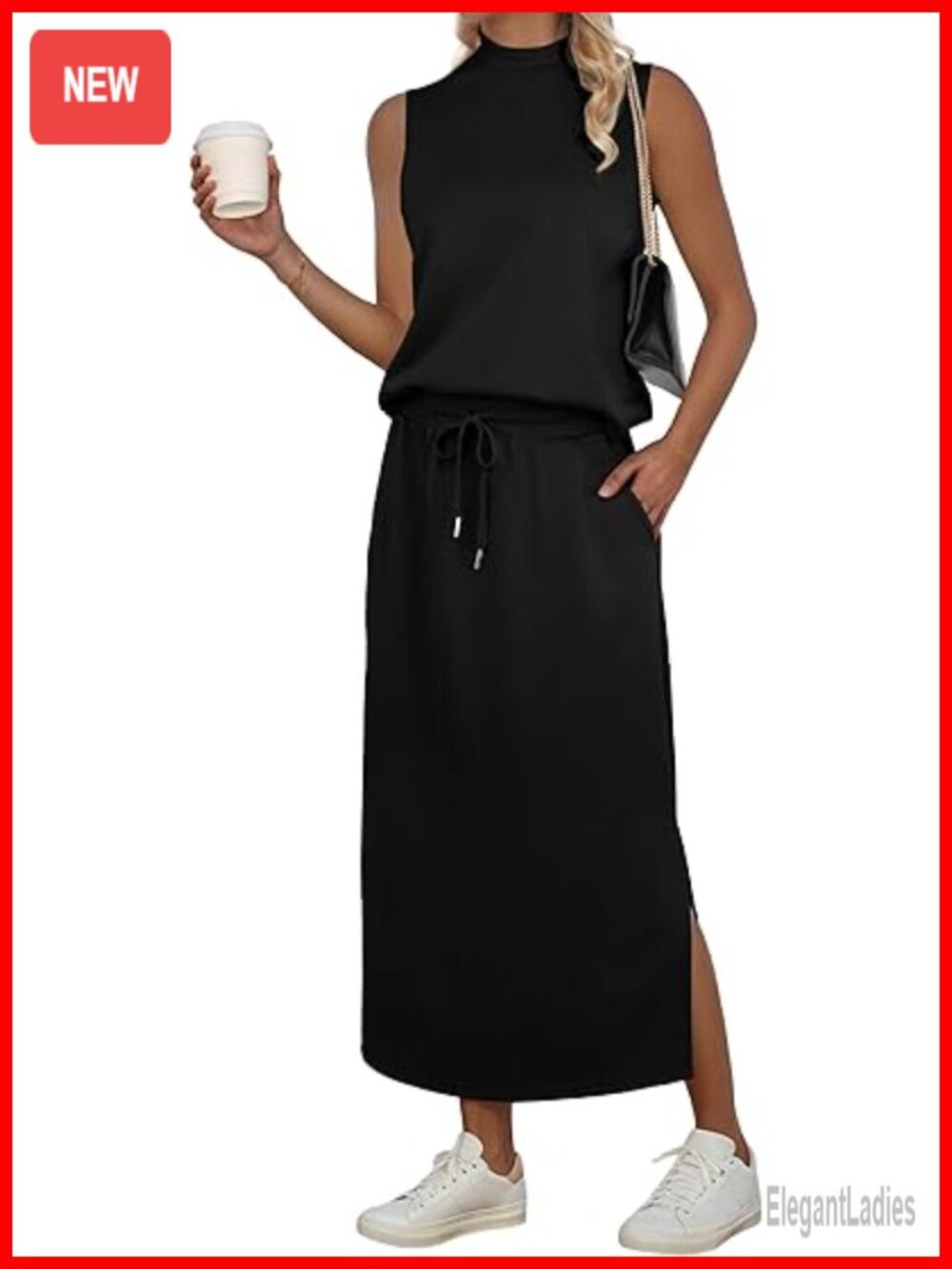 Two Piece Skirt Set - Sleeveless Mock Neck Crop Top & Split Maxi Skirt